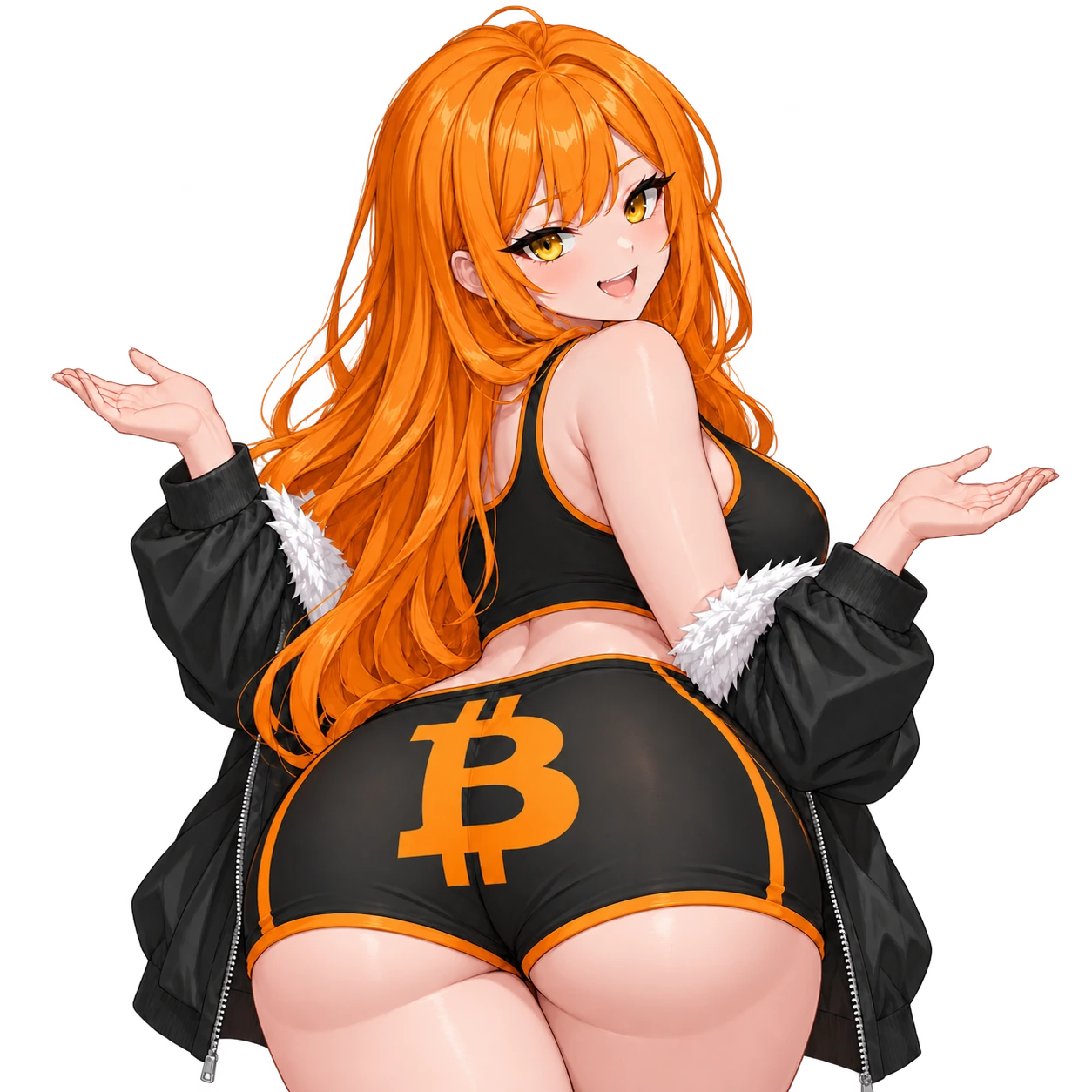 Orange-haired adult anime mascot looking over her shoulder, wearing a black jacket and Bitcoin shorts
