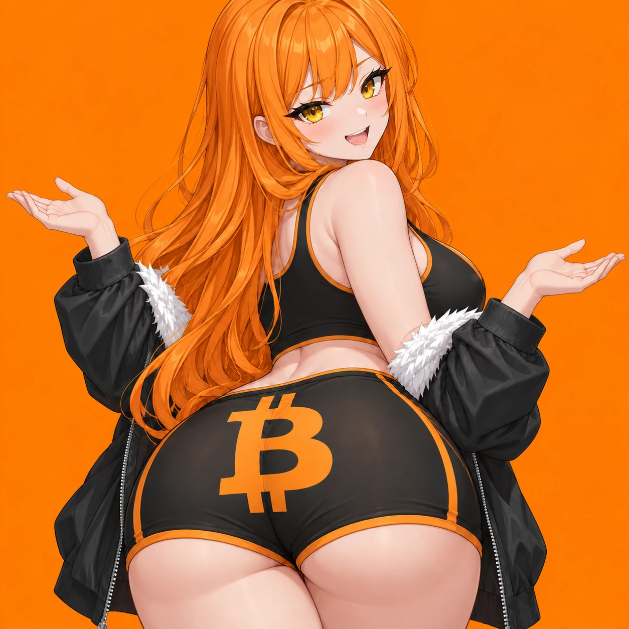 The Big Butt Coin mascot on a vivid orange background